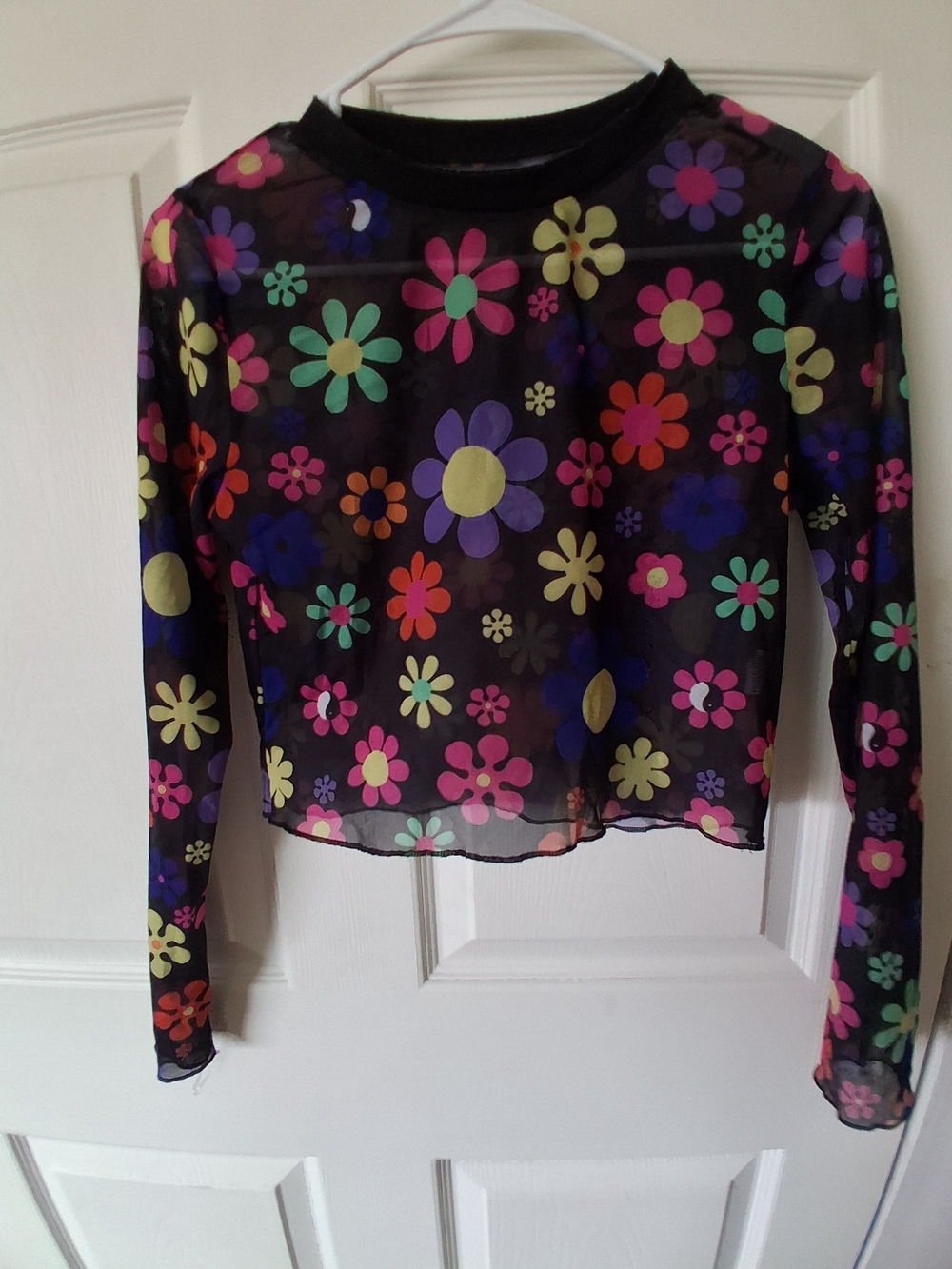 Sheer Black Floral Mesh Long-Sleeve Crop Top #EDC S/M